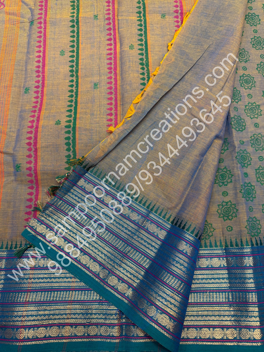 Greyish Blue , Kolam Handblock Printed  Chettinad Cotton Saree
