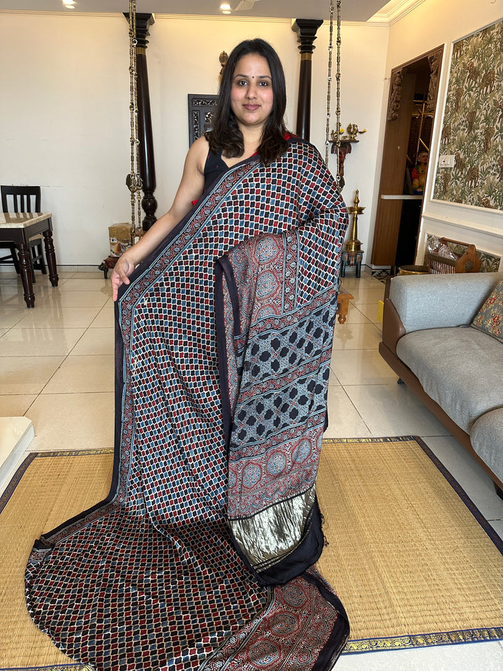 Black,Red ,Indigo Blue with Ajrakh Natural Handblock Printed Tissue Pallu Pure Modal Silk Saree