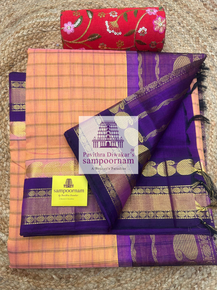 Peach Pink with Blue, Zari Checks in the Body, Rettapet Traditional Borders and Grand Pallu Korvai Silk Cotton Saree