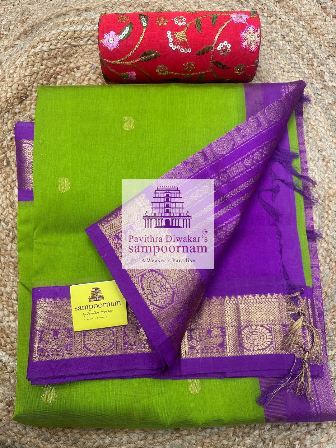 Parrot Green with Purple, Rich Zari Butta in the Body, traditional Borders and Grand Pallu, Korvai Silk Cotton Saree