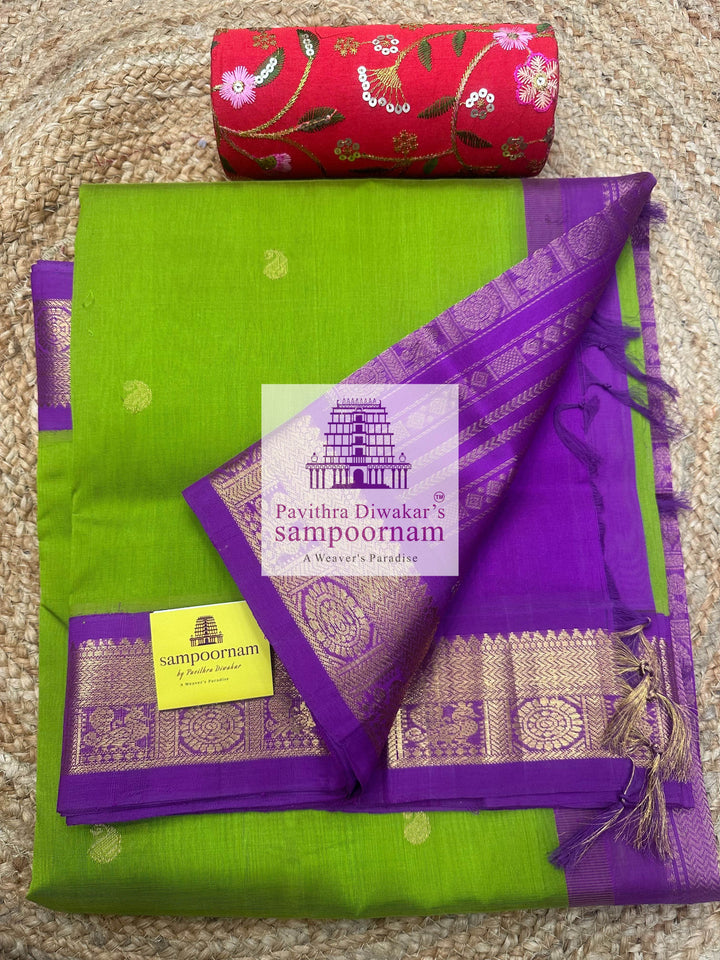 Parrot Green with Purple, Rich Zari Butta in the Body, traditional Borders and Grand Pallu, Korvai Silk Cotton Saree