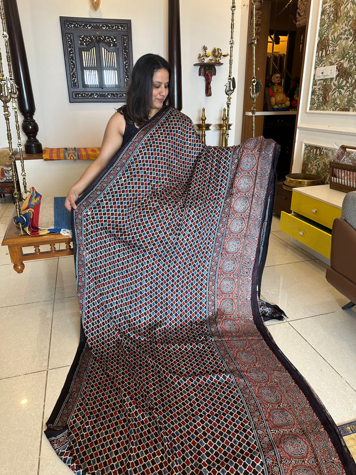 Black,Red ,Indigo Blue with Ajrakh Natural Handblock Printed Tissue Pallu Pure Modal Silk Saree