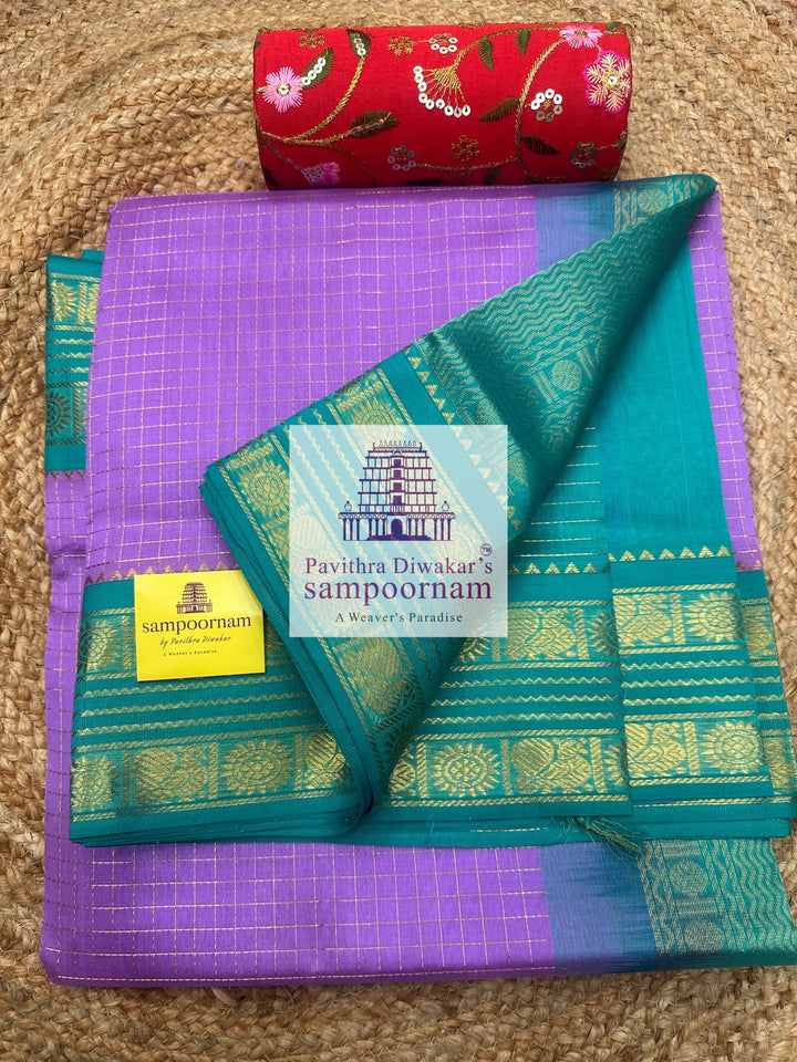 Lavender with Turquoise Blue, Rich Zari Checks in the Body, Rettapet Border and Grand Pallu Korvai Silk Cotton Saree