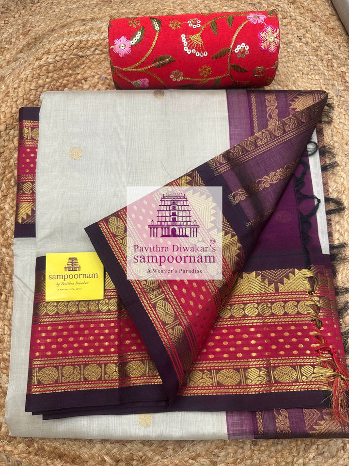 Light Grey with Dark Araku, Zari Body Butta in the Body, Traditional Rettapet Border with Lakshadeepam Butta and Grand Pallu, Korvai Silk Cotton Saree