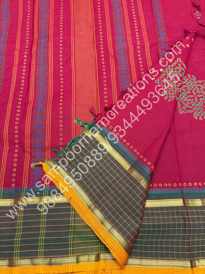 Red with Mustard Selvedge , Kolam Handblock Printed Chettinad Cotton Saree