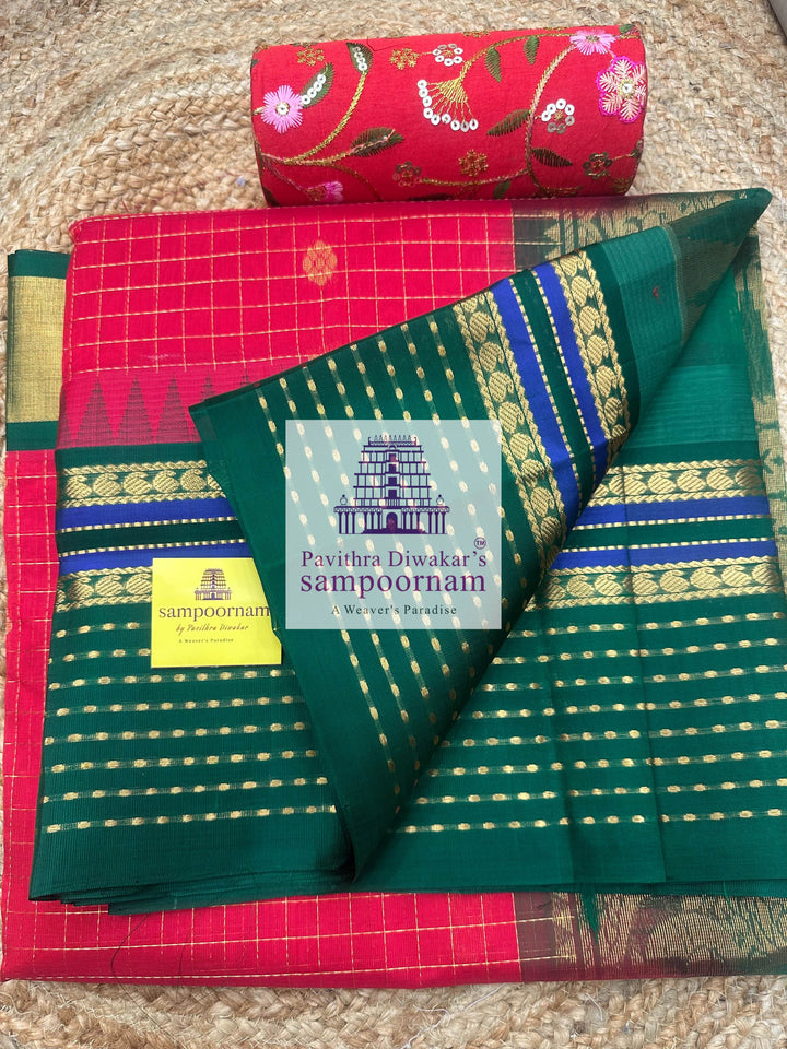 Red with Green, Lakshadeepam One Side Big Border, Zari Body Checks with Butta in the Body and Grand Pallu, Korvai Silk Cotton Saree