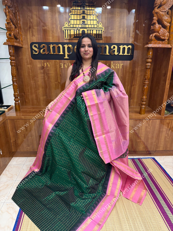 Green with Baby Pink , rich Zari checks and butta in the body  with temple borders , grand Pallu Korvai Silk Cotton Saree
