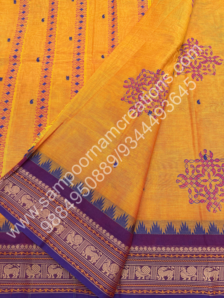 Mustard with Violet , Kolam Handblock Prints with  Traditional  border and rich Pallu Chettinad Cotton Saree