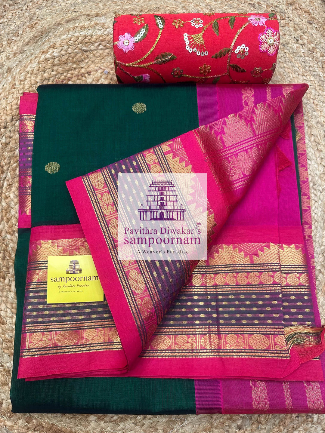 Dark Green with Pink, Traditional Rettapet Borders with Lakshadeepam Butta, Zari Butta in the Body and Grand Pallu Korvai Silk Cotton Saree