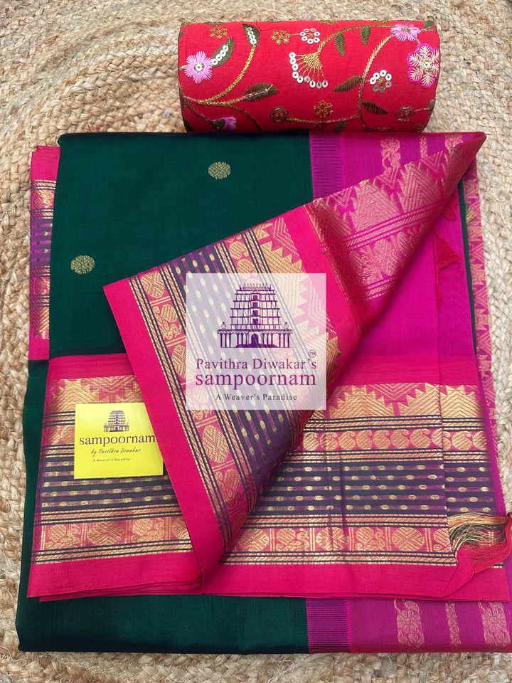Dark Green with Pink, Traditional Rettapet Borders with Lakshadeepam Butta, Zari Butta in the Body and Grand Pallu Korvai Silk Cotton Saree