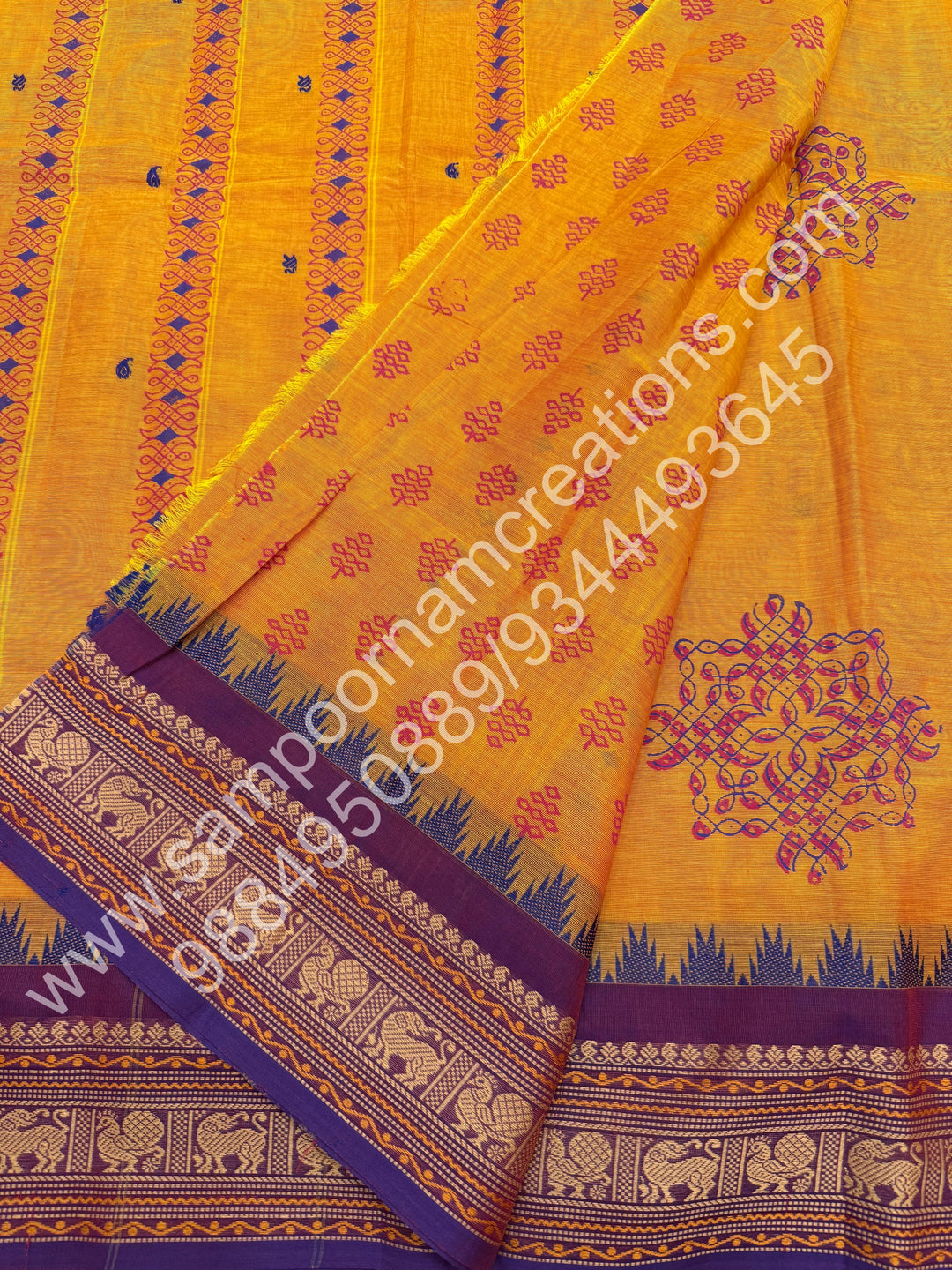 Mustard with Violet , Kolam Handblock Prints with  Traditional  border and rich Pallu Chettinad Cotton Saree