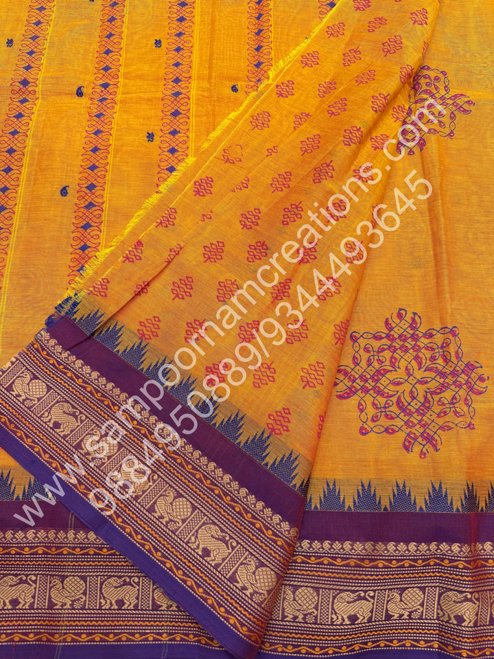 Mustard with Violet , Kolam Handblock Prints with  Traditional  border and rich Pallu Chettinad Cotton Saree