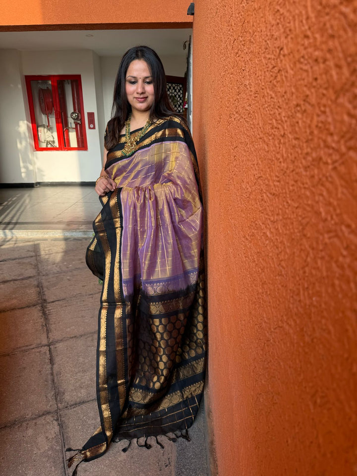 Lavender Gold with Black , Zari checks in the body , Rettapet Border and rich Pallu Korvai Silk Cotton Saree ,